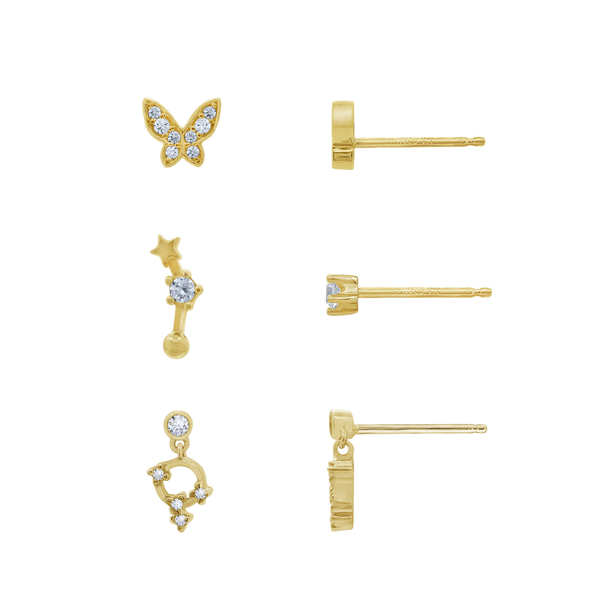 Minimal Butterfly, Star and Open Circle Earrings Set