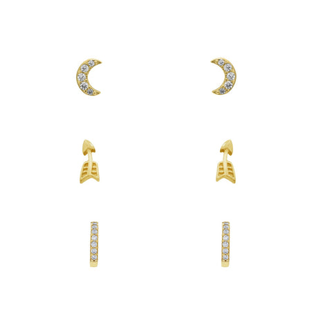 GEMOUR 14K Yellow Gold Clad Sterling Silver Cubic Zirconia Minimal Earring Set, Pave Crescent Moon, Arrow and Half Huggie Hoop Earrings - GEMOUR
