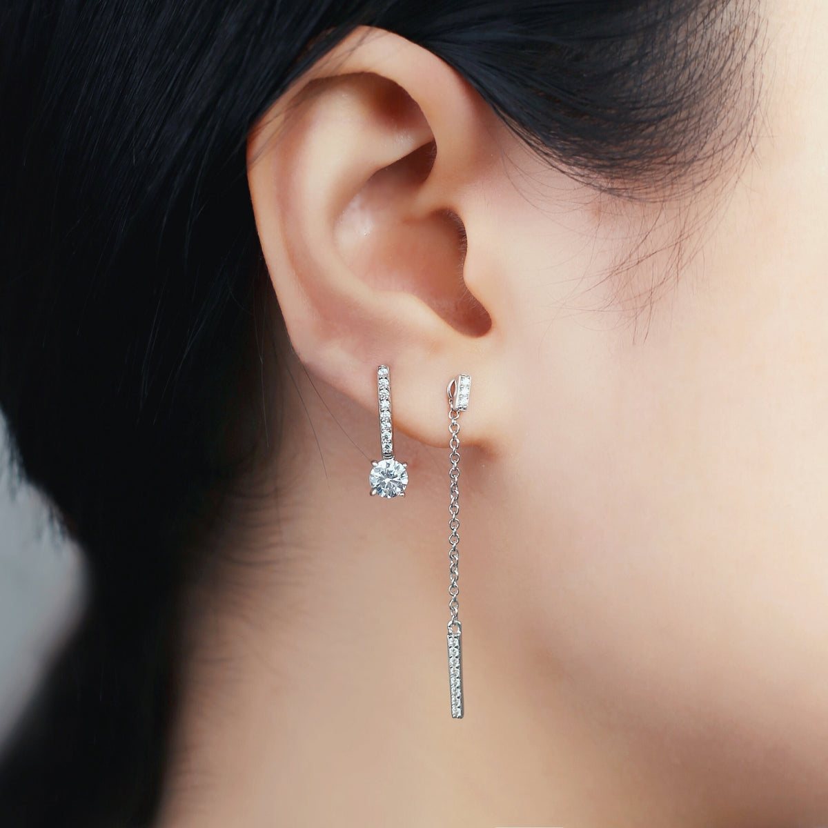 Pave Bar with Round Stone Drop Earrings