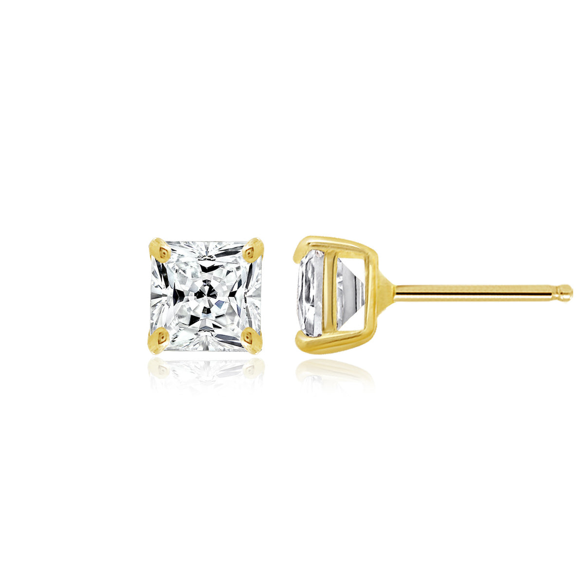 14K Solid Yellow Gold Princess Solitaire Stud Earrings
