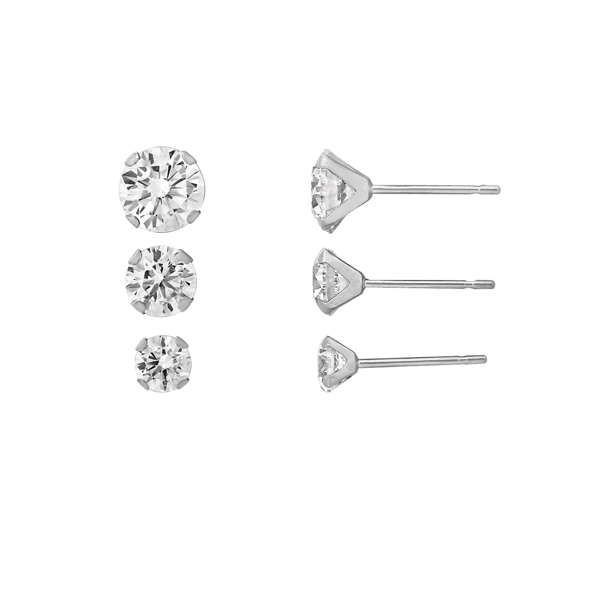 14K Solid White Gold Round Solitaire Stud Earrings Set