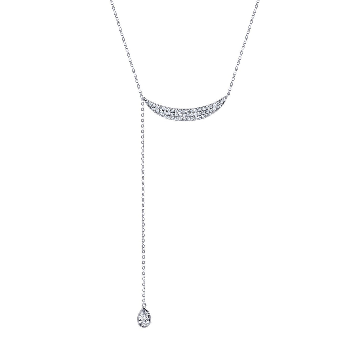 GEMOUR-Platinum-Clad-Sterling-Silver-Zirconia-Crescent-Moon-Y-Shaped-Necklace,-18"-+-9"-Drop-Pear-Cut-Dangle