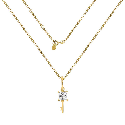 GEMOUR 14K Gold Clad Sterling Silver Key To My Heart Princess Cut Cubic Zirconia Pendant Necklace, 16" + 2" Extender
