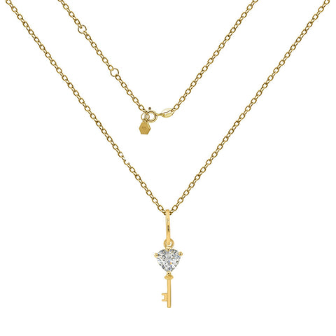 GEMOUR 14K Gold Clad Sterling Silver Key To My Heart Heart Shaped Cubic Zirconia Pendant Necklace, 16" + 2" Extender