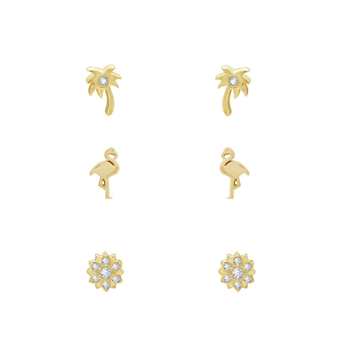 GEMOUR 14K Yellow Gold Clad Sterling Silver Cubic Zirconia Summer Minimal Earring Set, Fruity Pineapple and Palm Tree, Flamingo and Flower Earrings - GEMOUR