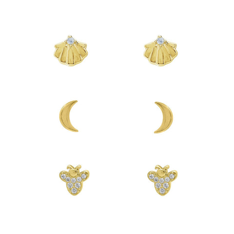 GEMOUR 14K Yellow Gold Clad Sterling Silver Cubic Zirconia Summer Minimal Earring Set, Seashells, Bumble Bee and Crescent Moon Earrings - GEMOUR