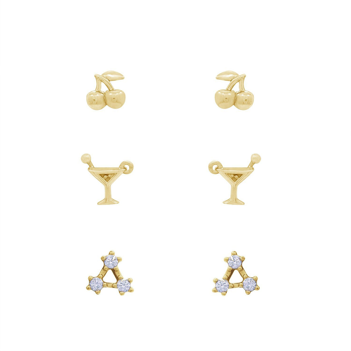 GEMOUR 14K Yellow Gold Clad Sterling Silver Cubic Zirconia Summer Minimal Earring Set, Cherry, Cocktail and Three Star Earrings - GEMOUR